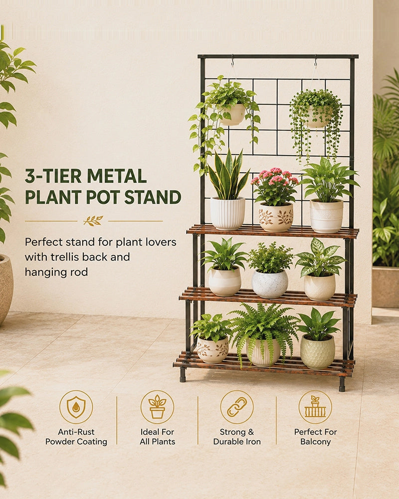 3 Tier Plant Stand with Trellis & Hanging Rod Anti Rust (Black & Brown