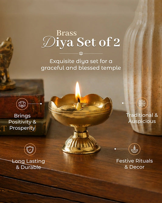 Traditional Brass Diya Set of 2 Pooja Room Decor (Gold)