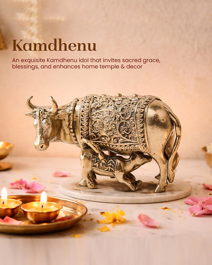 Pure Brass Kamdhenu Cow with Calf Idol for Home Temple and Pooja Room