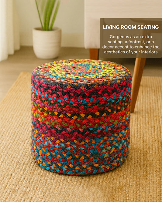 Handwoven Jute Round Pouffe in Multicolor for Living Room - Large