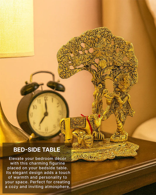 Krishna Idol with Cow and Calf Under Tree, Flute-Playing Lord Krishna Statue for Home Decor