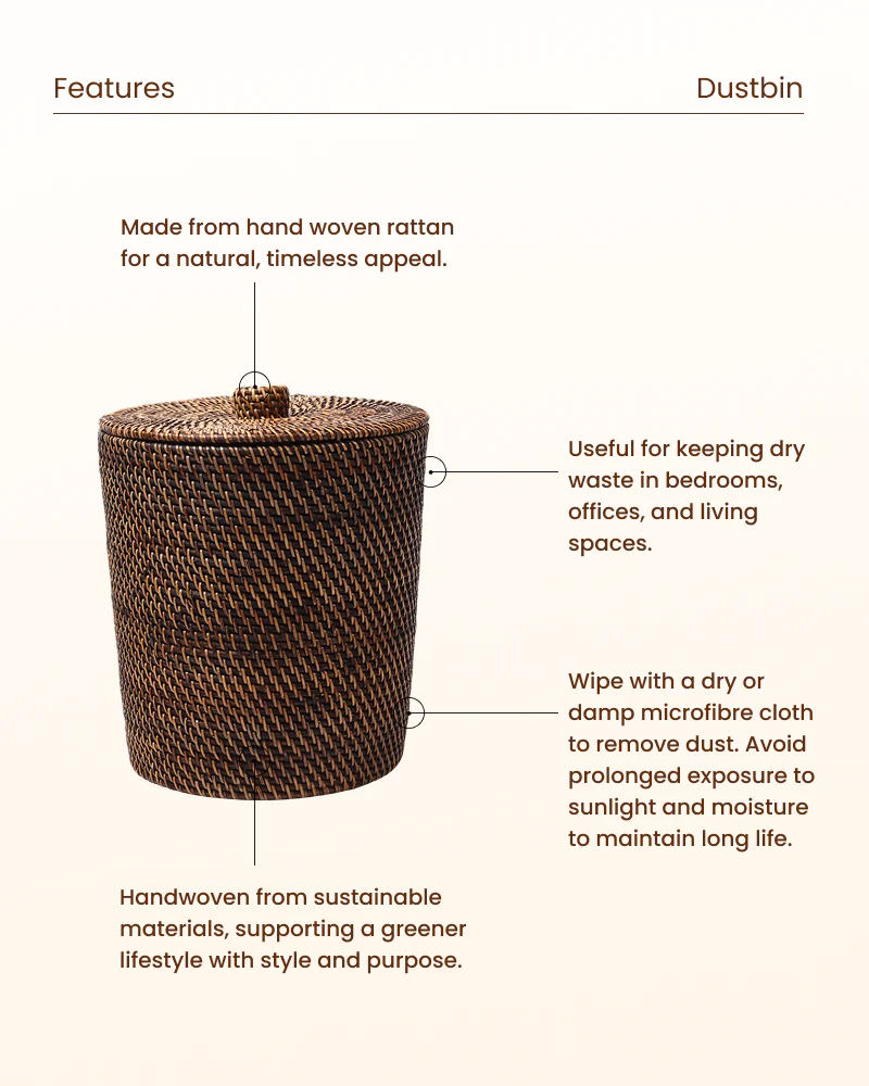 Rattan Dustbin Basket with Lid for Home and Bathroom