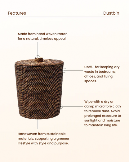 Rattan Dustbin Basket with Lid for Home and Bathroom
