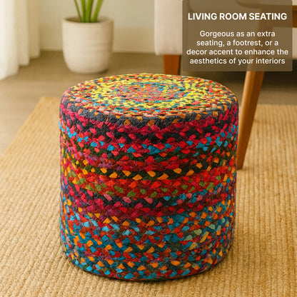 Handwoven Jute Round Pouffe in Multicolor for Living Room - Large