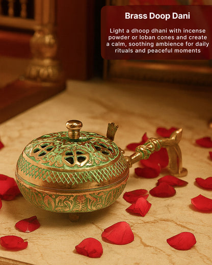 Decorative Brass Dhoopdani for Aarti, Meditation, and Home Temple Aromatic Rituals