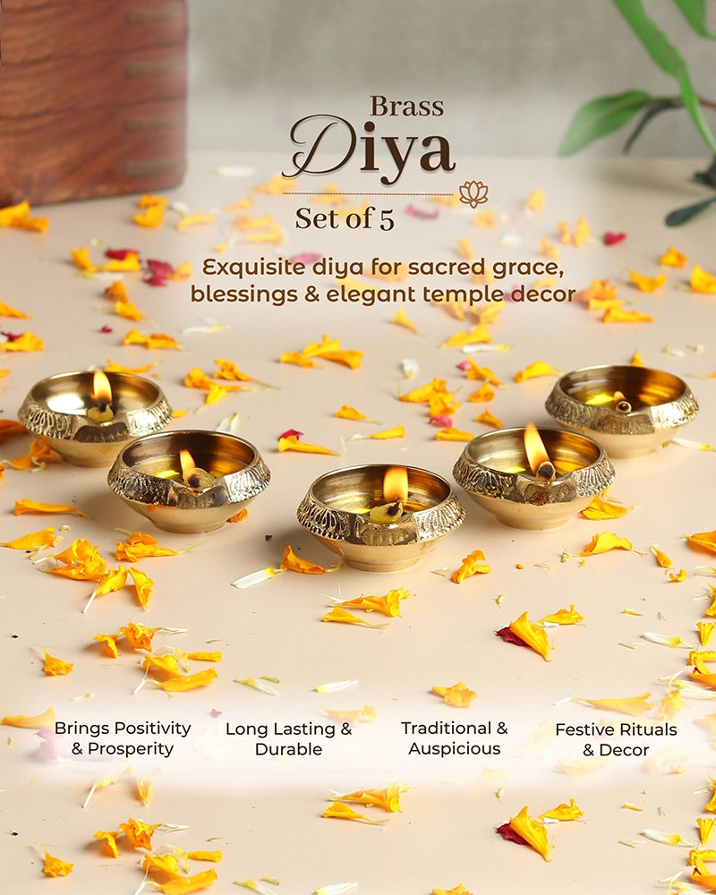 100% Pure Brass Diya for Pooja Diwali Festival Home Décor, Set of 5