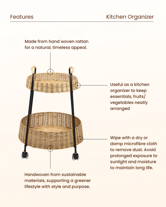 Handcrafted Rattan Trolley for Fruits and Vegetables – Home & Kitchen Use