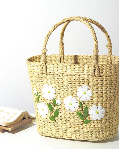 Handmade Seagrass Embroidery Handbag for Shopping, Storage & Everyday Use