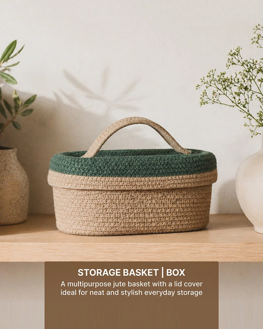 Handwoven Jute Basket with Lid for Desk Organization & Festive Gifting