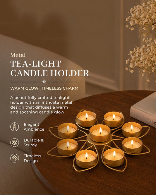 Gold Lotus Flower Tea Light Holder for Living Room and Pooja Room