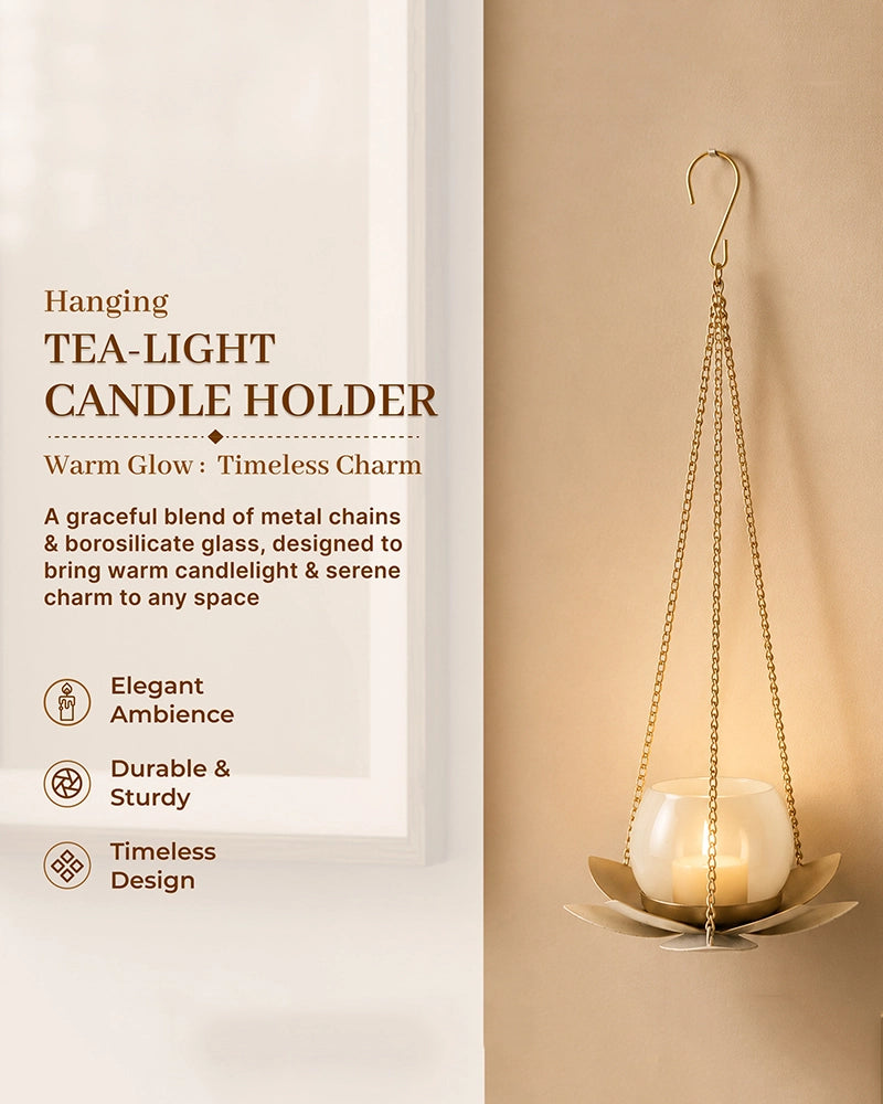 Hanging Metal Lotus Tealight & Candle Holder (Golden)