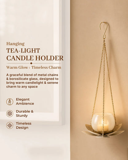 Hanging Metal Lotus Tealight & Candle Holder (Golden)