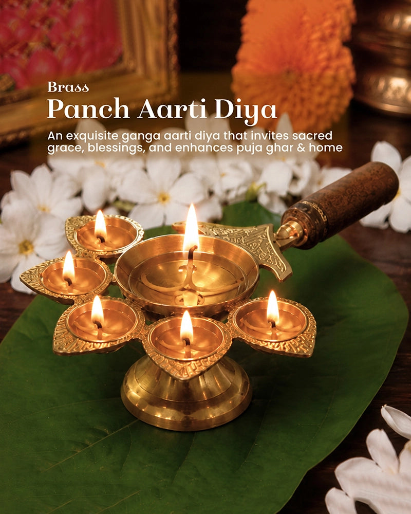 100% Pure Brass Panchdeep Aarti Diya for Pooja Room, Spiritual Puja