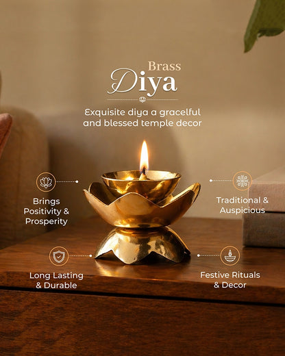 Brass Lotus Diya for Pooja Room & Home Temple Decor (Gold)