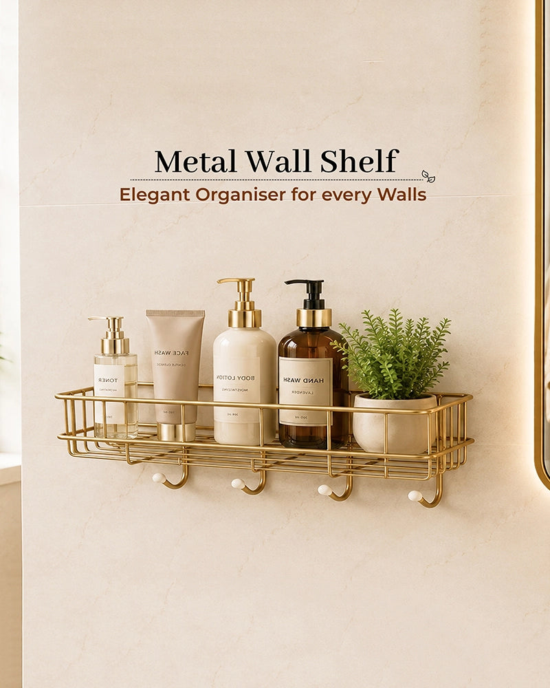 Self Adhesive Metal Wall Shelf with 4 Hanging Hooks for Bathroom Accessories