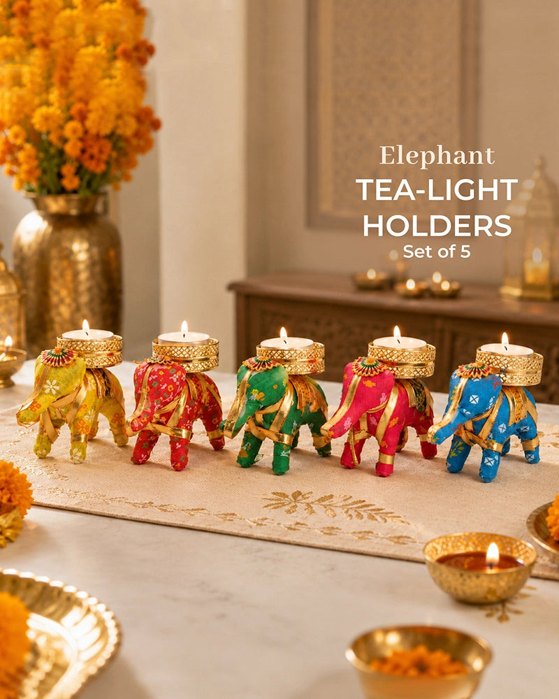 Rajasthani Elephant Tealight Holder for Living Room, Set of 5