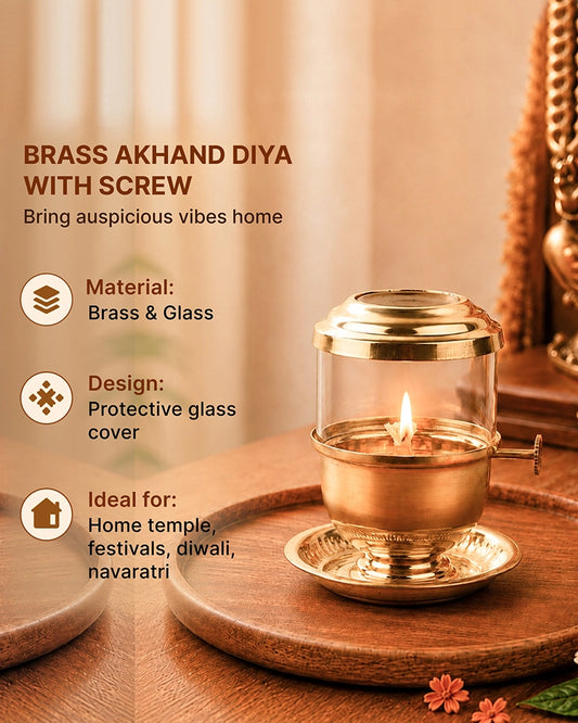 100% Pure Brass Akhand Jyot Diya with Adjustable Bati Knob with Glass Cover