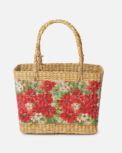 Handwoven Seagrass Shopping Basket & Tote Bag - Red Poinsettia