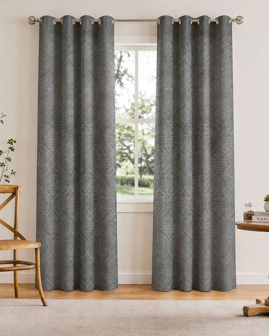 Velvet Eyelet Door Curtain (Grey, Textured, 7 ft)