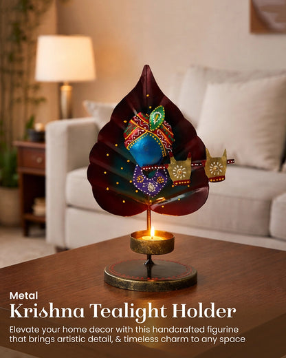 Handcrafted Metal Peepal Leaf Krishna Tealight Holder Showpiece