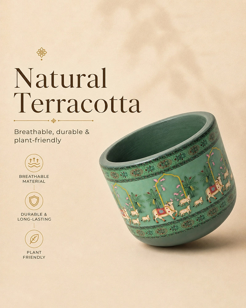 Hand Painted Pichwai Cow Motif Terracotta Plant Pot (Green)