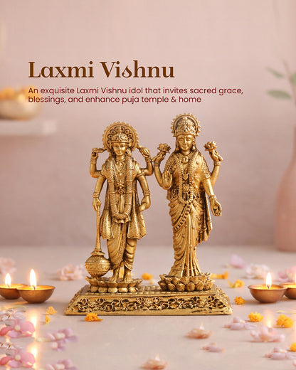 Traditional Lord Vishnu with Laxmi Ji Brass Idol for Pooja and Home Decor