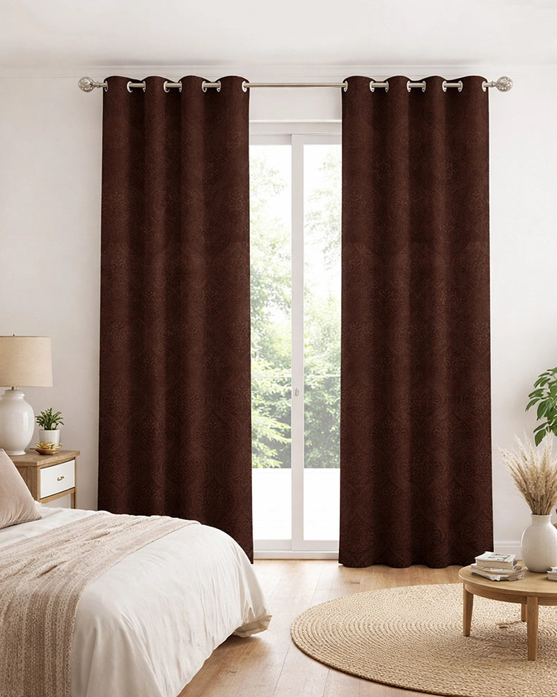 Velvet Eyelet Door Curtain (Brown, Textured, 7 ft)