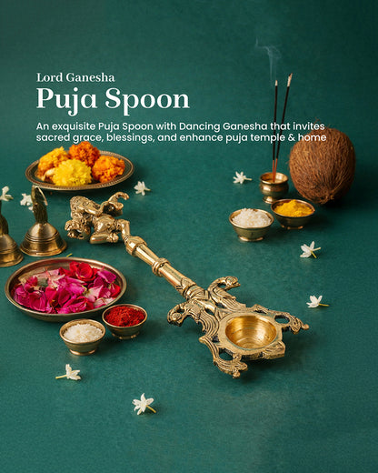 Brass Ganesha Ritual Spoon for Pooja Items and Home Decoration