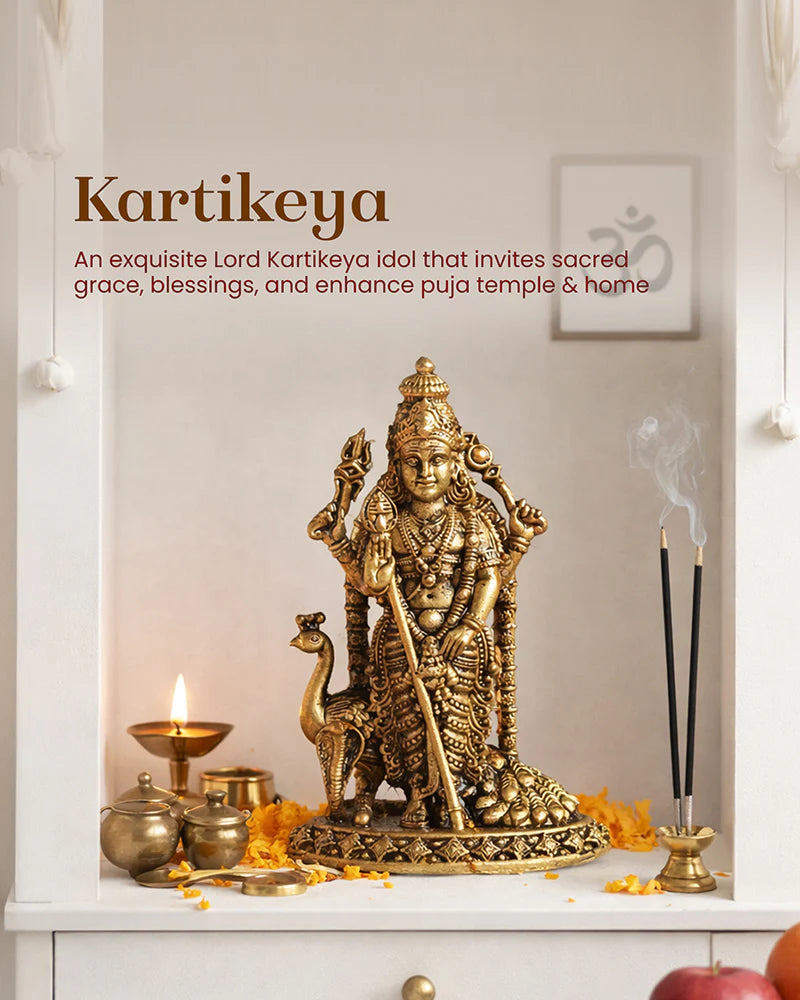 Traditional Pure Brass Kartikeya Idol for Daily Worship and Rituals