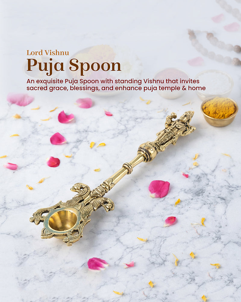 Brass Ritual Spoon with Vishnu Idol for Pooja and Temple Use