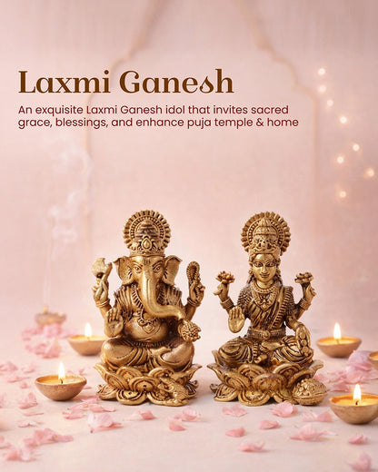 Lakshmi Ji & Ganesha Brass God Idol Set for Pooja, Home Decoration & Auspicious Showpiece
