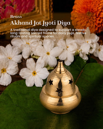 100% Pure Brass Akhand Diya with Star-Cut Dome Lid