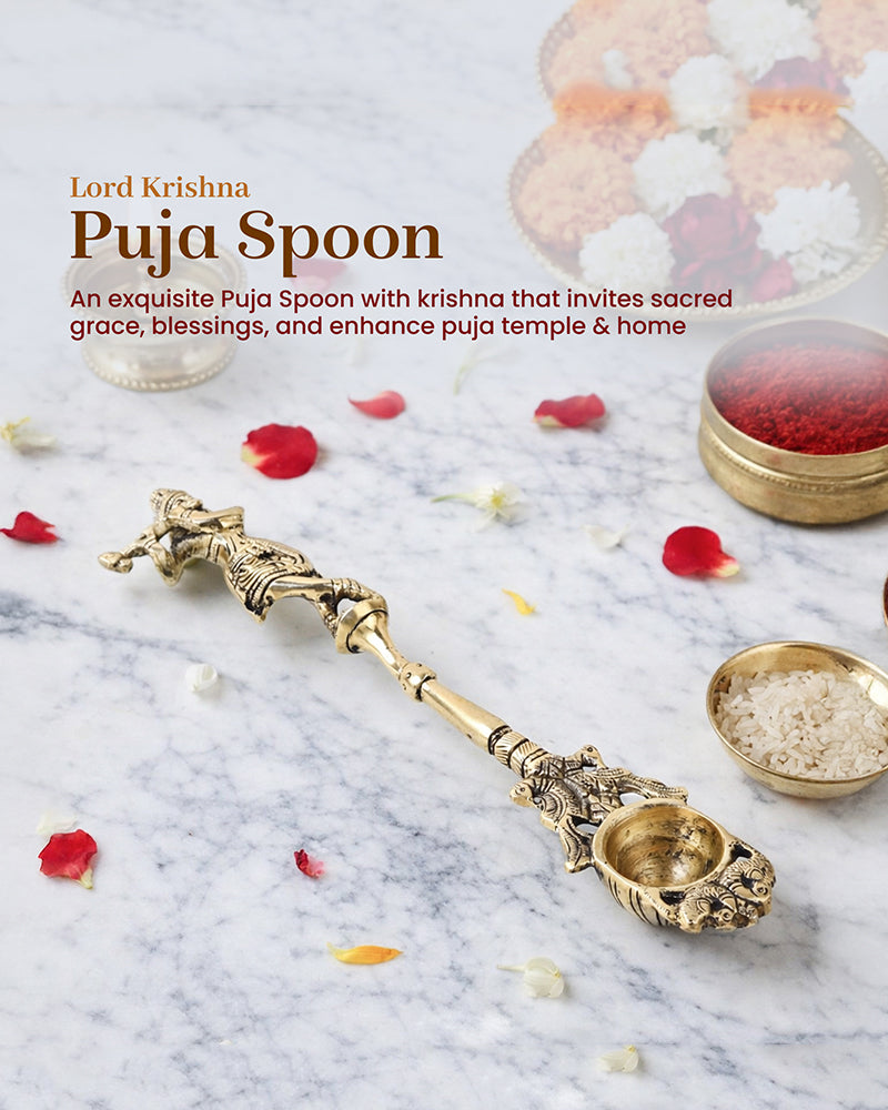 Spoon Lord Brass Ritual Spoon with Lord Krishna Idol for Pooja Use – Habere India