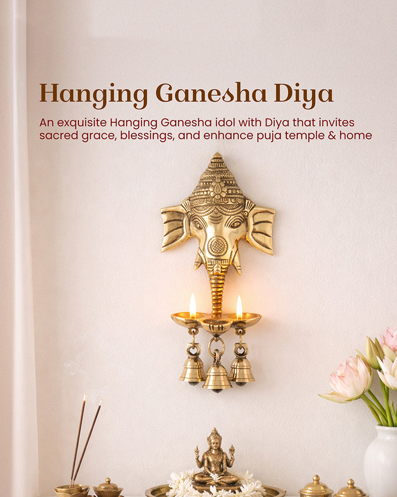 Ganesha Brass Wall Decor with Hanging Diyas and Bells for Mandir and Home