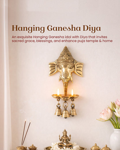 Ganesha Brass Wall Decor with Hanging Diyas and Bells for Mandir and Home