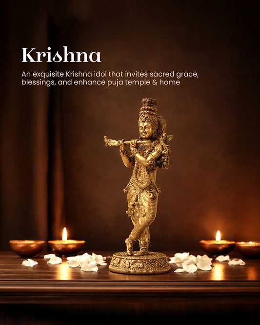 Pure Brass Krishna with Flute Idol for Home Temple and Pooja Room