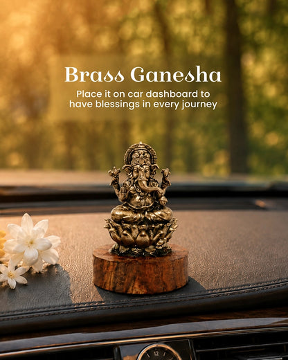 100% Pure Brass Ganesh Ji Idol with Wooden Chowki for Car Dashboard