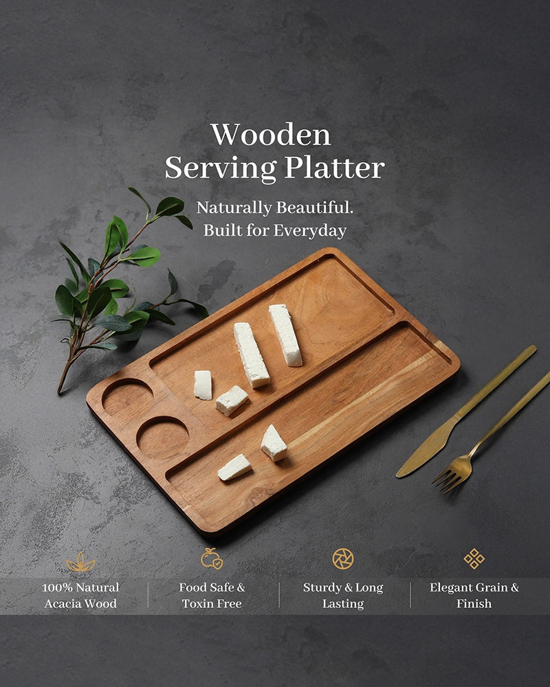 Rectangular Wooden Platter with Cup Sections for Cheese Serving