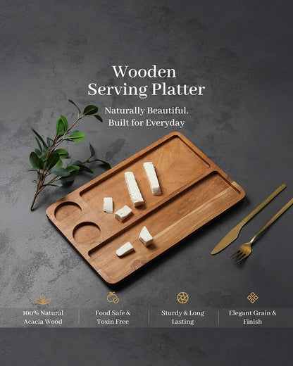 Rectangular Wooden Platter with Cup Sections for Cheese Serving