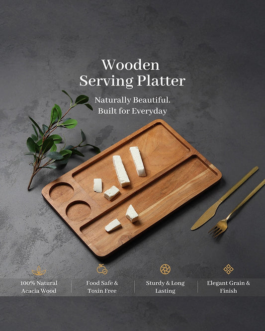 Rectangular Wooden Platter with Cup Sections for Cheese Serving