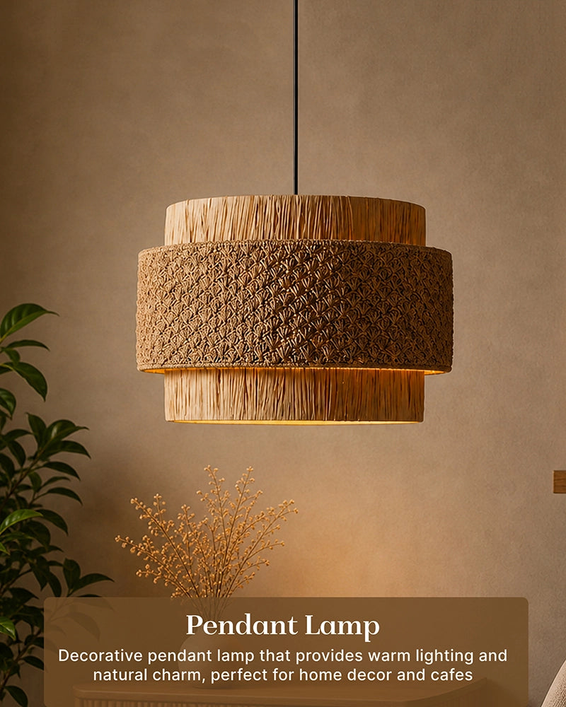 Raffia Drum Pendant Lamp for Living Room Bedroom & Boho Home Decor