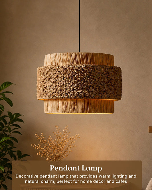 Raffia Drum Pendant Lamp for Living Room Bedroom & Boho Home Decor