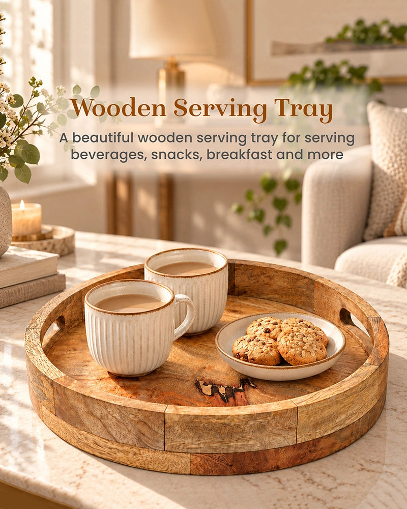 Round Wooden Serving Tray with Handles for Home Dining and Kitchen