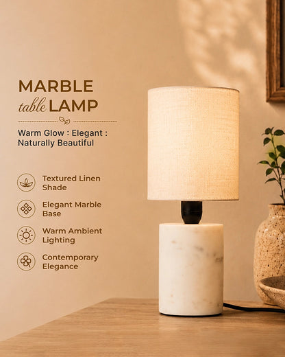 Marble Table Lamp with Linen Shade Warm Ambient Light