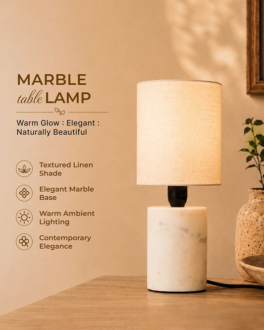 Marble Table Lamp with Linen Shade Warm Ambient Light