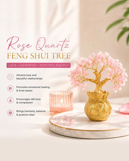 Rare Rose Quartz Crystal Tree in Gold Pot for Love & Positive Energy