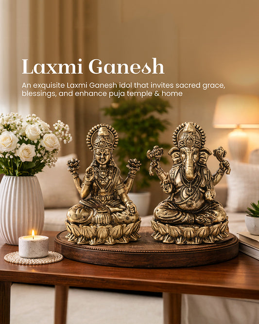 Pure Brass Laxmi Ganesh Idol Set Auspicious God Idol for Home Pooja
