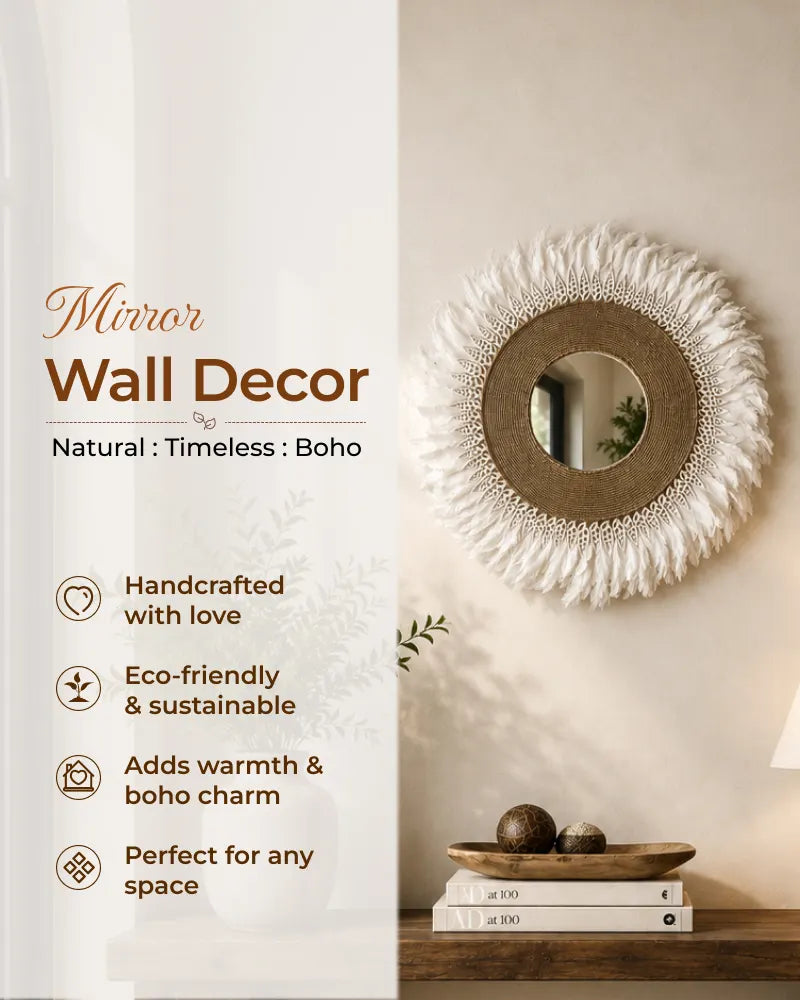 White Feather Boho Wall Mirror Handmade Statement Decorative Mirror