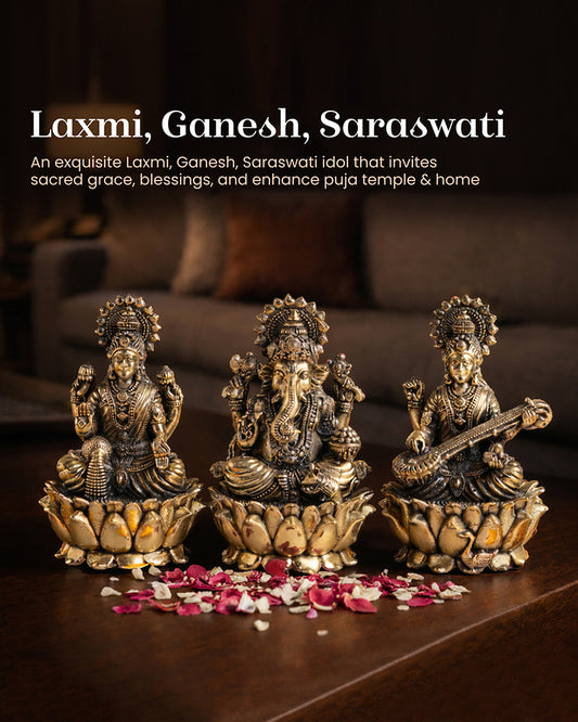 Pure Brass Laxmi Ganesh Sarasvati Idol Spiritual Showpiece