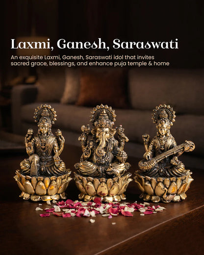 Pure Brass Laxmi Ganesh Sarasvati Idol Set for Home Pooja